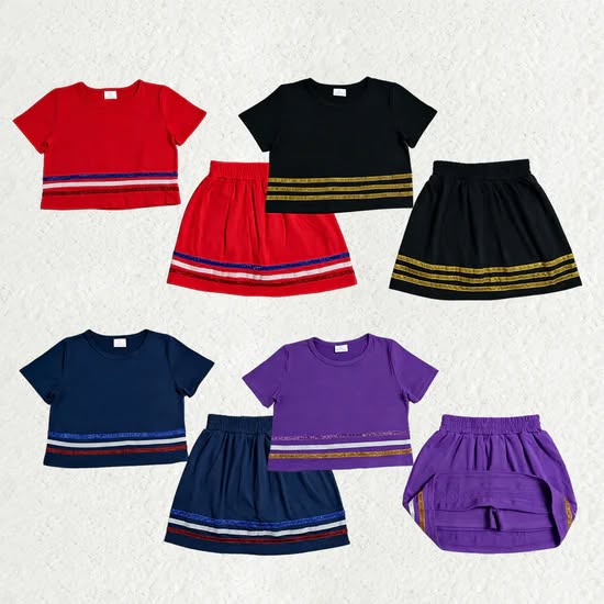 4 Colors Cotton Girls Summer Outfits - Sequin Stripe Crop Top & Skort Sisters Wear Clothes Set