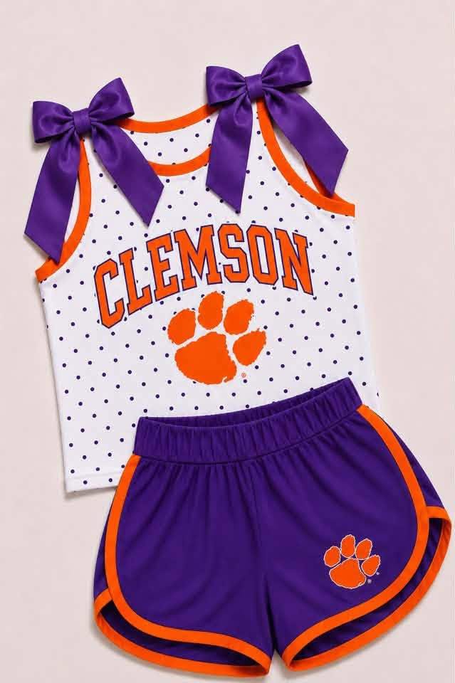 (Custom Design Preorder MOQ 5) Girls Clemson Bow Strap Tank & Purple Shorts Sport Team Outfit