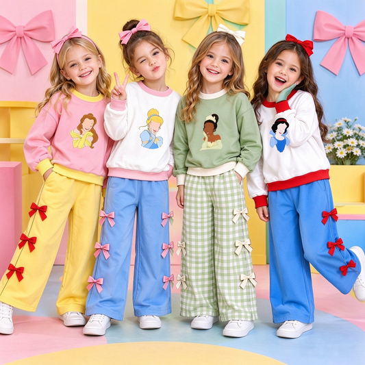 (Custom Design Preorder MOQ 5 Each) Cartoon Princess Print Girls Bows Clothes Set Sisters Wear