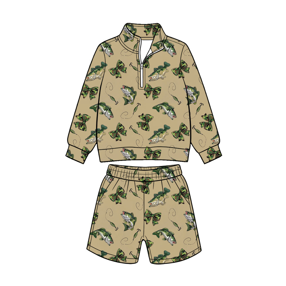 (Custom Design Preorder MOQ 5 Each) Fish Deer Camo Print Long Sleeve Zipper Top Shorts Girls Hunting Clothes Set Sisters Wear