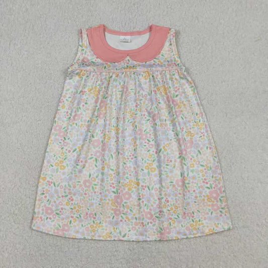 Sibling Baby Girls Sleeveless Peach Flowers Collar Knee Length Dress Tunic Ruffle Rompers