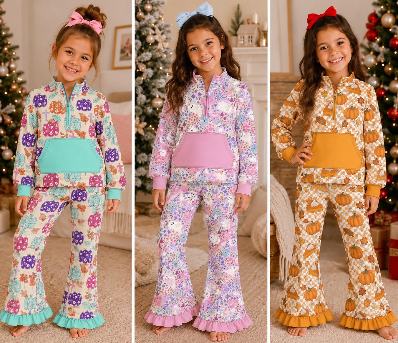 Sibling Baby Girls Sibling Zipper Pullover Top with bell Bottom Pants Outfit