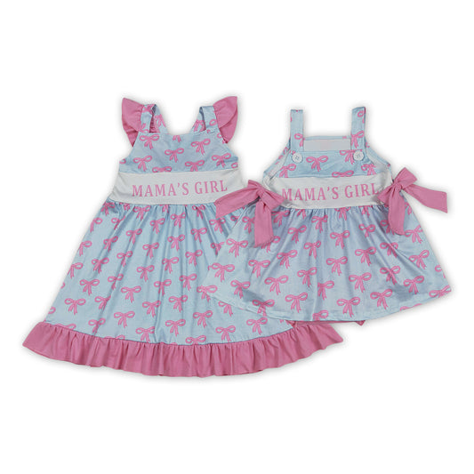 Pink Bow Print Mama's Girl Dress +Ruffle Bubble Romper For Sibling Sister