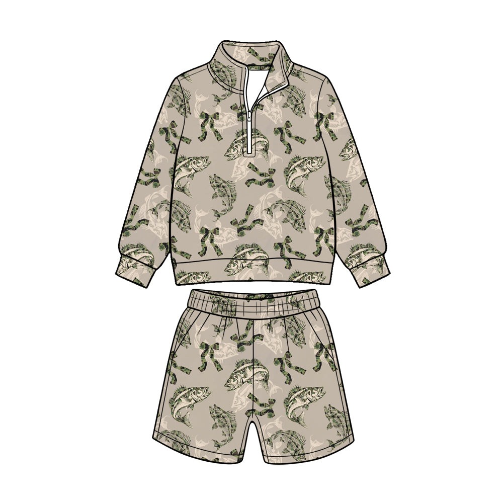 (Custom Design Preorder MOQ 5 Each) Fish Deer Camo Print Long Sleeve Zipper Top Shorts Girls Hunting Clothes Set Sisters Wear