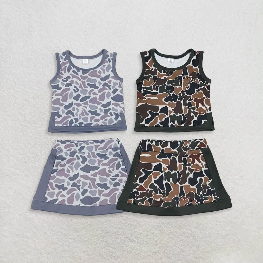2 Colors Camo Tank Top Skort Girls Yoga Clothes Set Sisters Wear