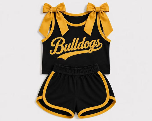 (Custom Design Preorder MOQ 5) Girls  Bow Strap Bulldogs Tank  & Shorts Sport Team Outfit