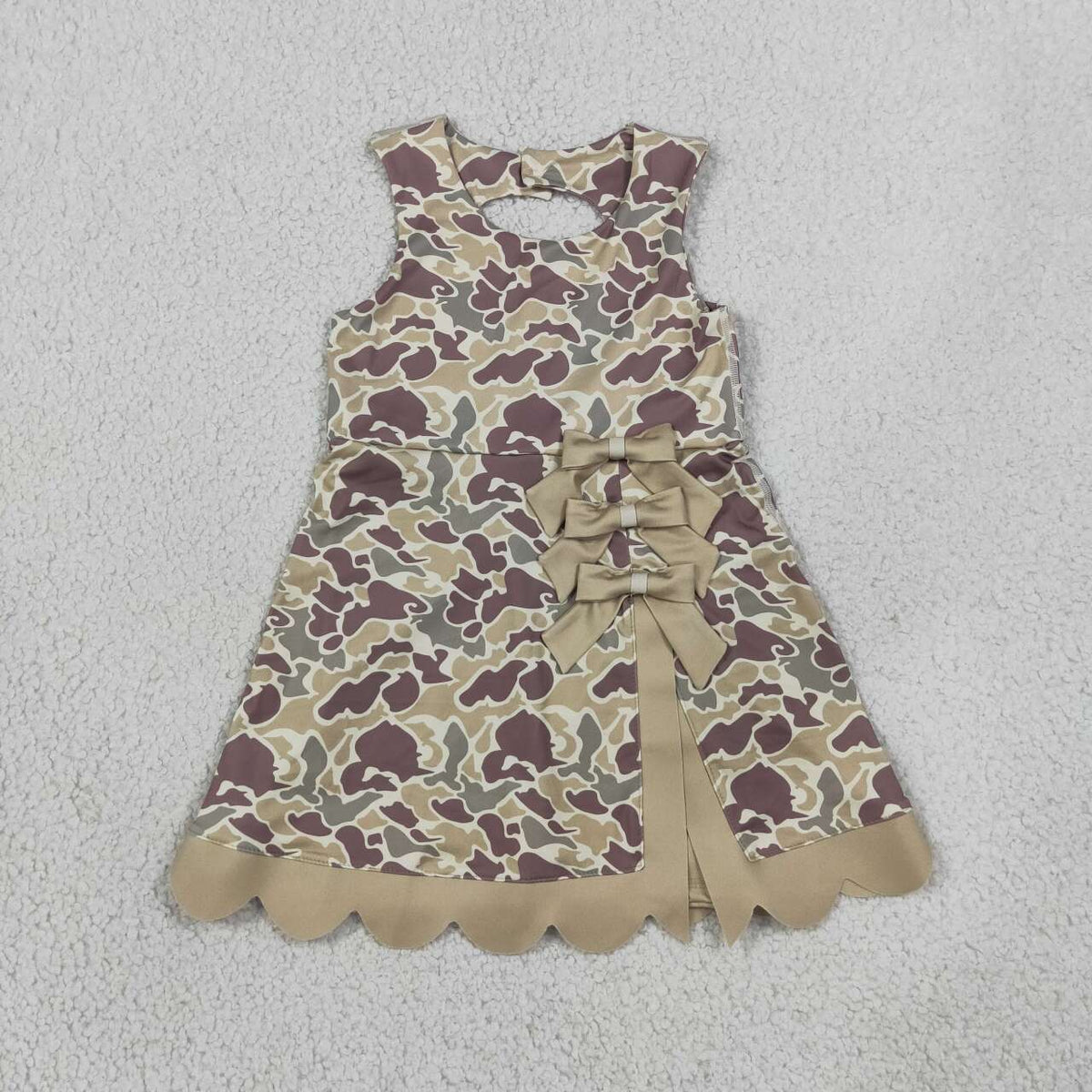 Green Camo Girls Sleeveless Scallop Bows Yoga Dress