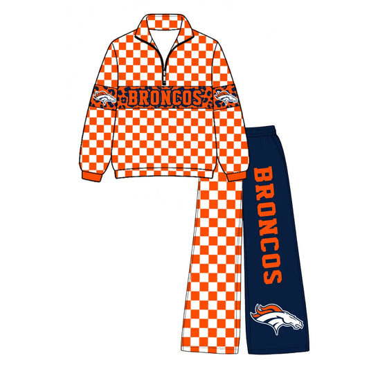 Preorder( 5  MOQ) Baby Girls Sport Team Broncos Orange  Pullover Top Pants Outfit
