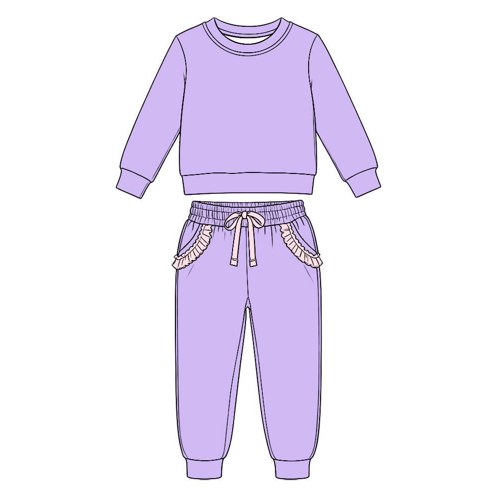 (Custom Design Preorder MOQ 5 Each) Solid Color Cotton Long Sleeve Top Ruffle Pants Girls Princess Clothes Set Sisters Wear