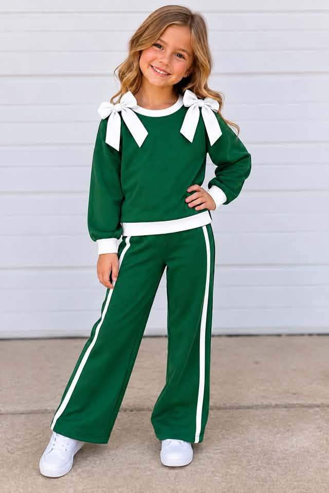(Custom Design Preorder MOQ 5) Teams Green Cotton Blank White Bows Top Pockets Pants Girls Clothes Set