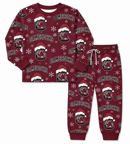 (Custom Design Preorder MOQ 5) Teams Gamecock Print Kids Christmas Pajamas Clothes Set