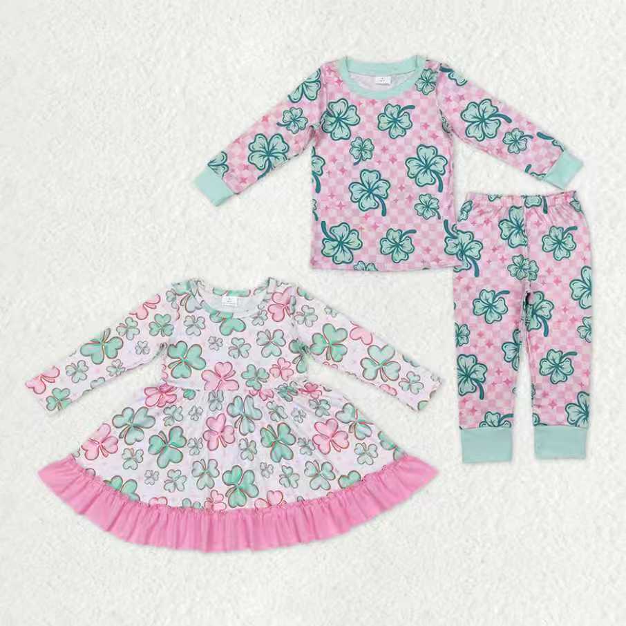 Sibling Baby Girls Clovers Pants St Patrick Pajamas Sets Ruffle Knee Length Dresses