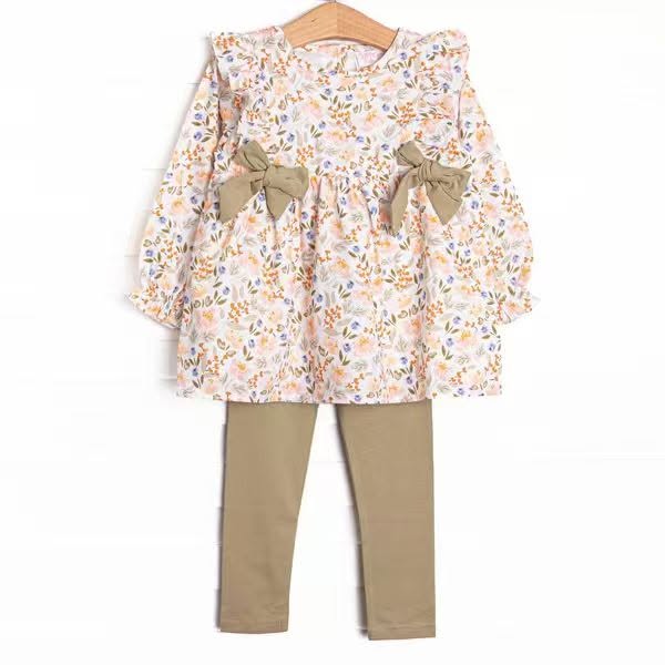 (Custom Design Preorder MOQ 5) Small Orange Flowers Tunic Top Legging Pants Girls Fall Clothes Set