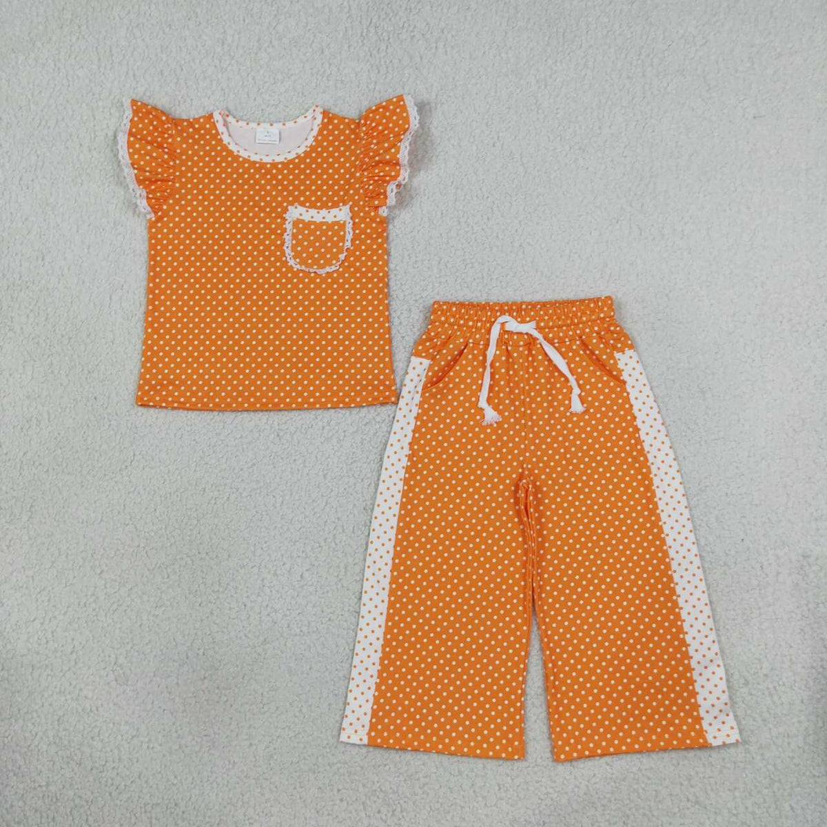 GSPO2367 Teams Orange Polka Dot Ruffle Sleeve Top with Wide Leg Pants Girls Tennessee Outfits