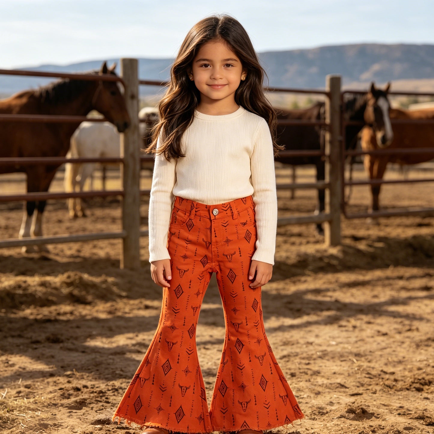 Western Baby Girls Cow Print Orange Bell Bottom Deim Pants