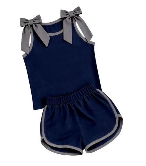 (Custom Design Preorder MOQ 5) Teams Navy Grey Bows Top Shorts Mommy and Me Summer Cotton Clothes Set
