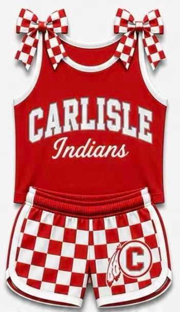 (Custom Design Preorder MOQ 5) Girls  Carlisle Bow Strap Tank &  Red Shorts Sport Team Outfit