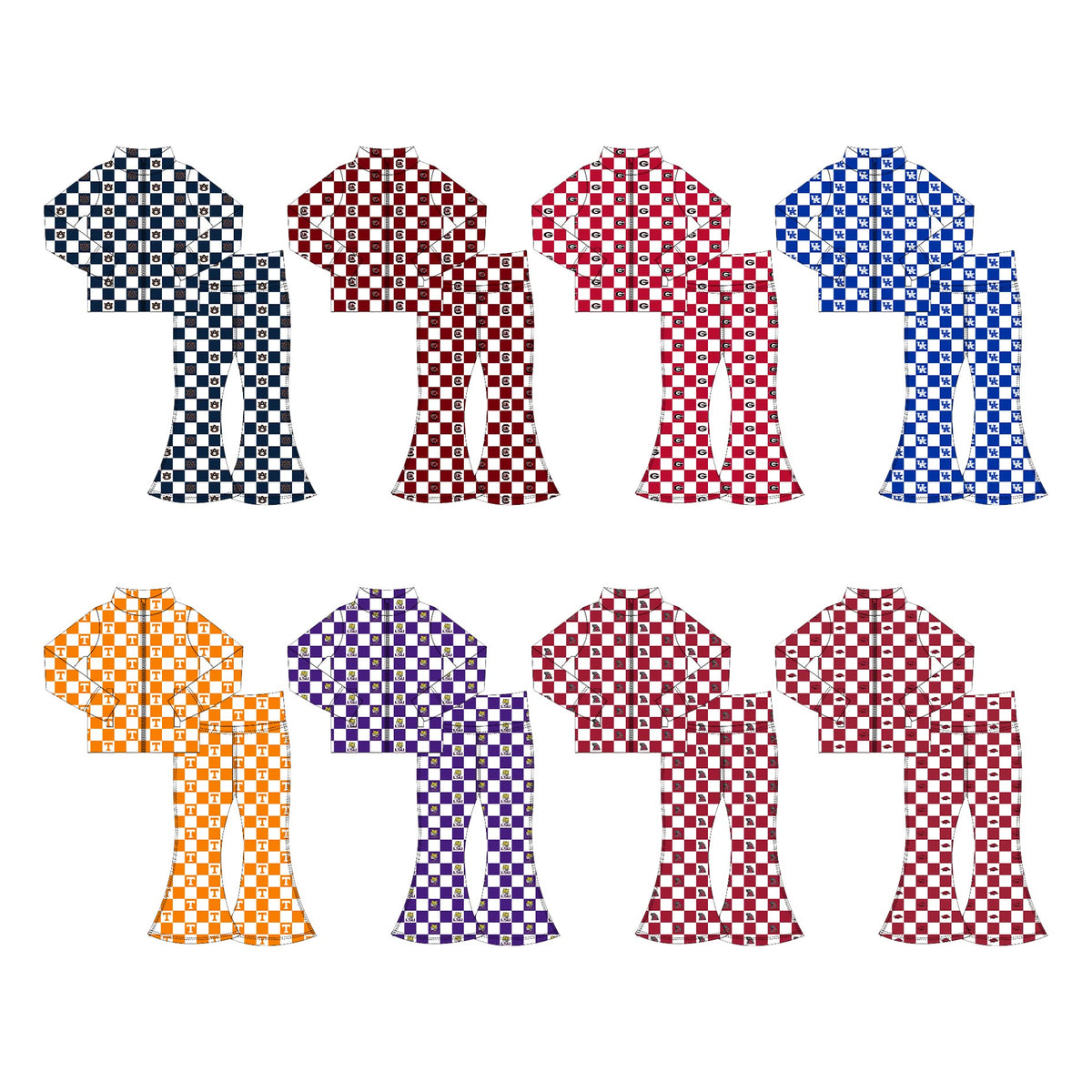 (Custom Design Preorder MOQ 5 Each)Teams Logo Checkered Print Long Sleeve Zipper Top Bell Pants Girls Clothes Set Sisters Wear