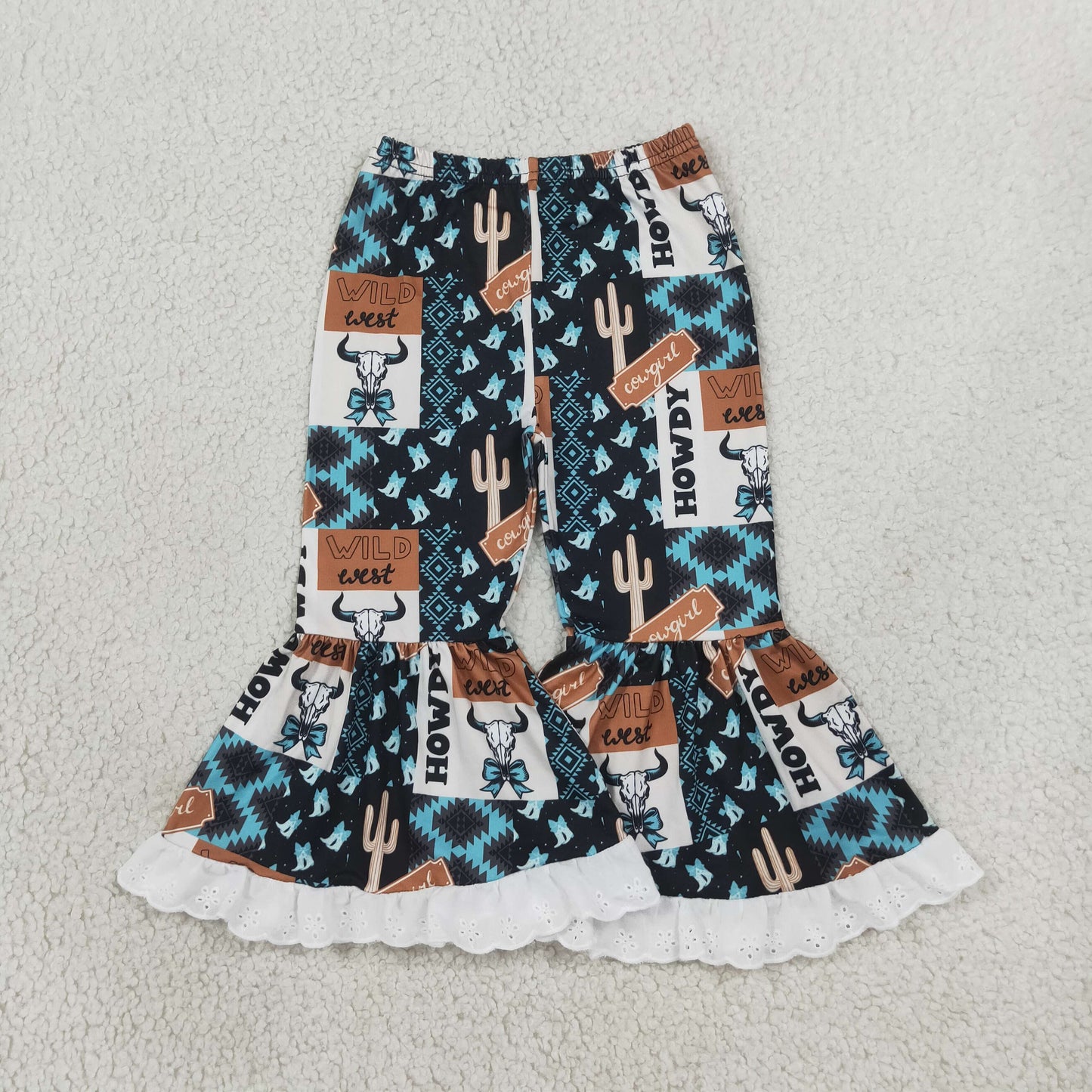 P0781 Cowgirls Wild West Aztec Bell Bottom Pants With Lace Ruffle