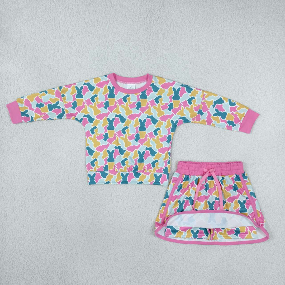 GLD1825 Colorful Bunny Camo Print Long Sleeve Top Skort Girls Easter Clothes Set