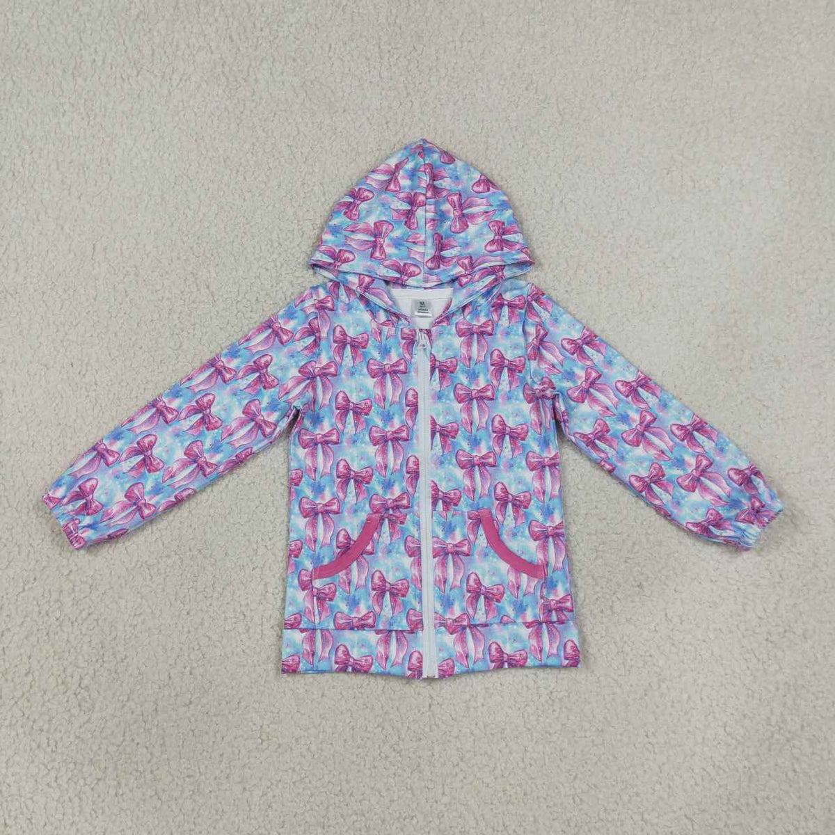 Pink Bows Blue Girls Full Zipper Hoodie Yoga  Jacket Top