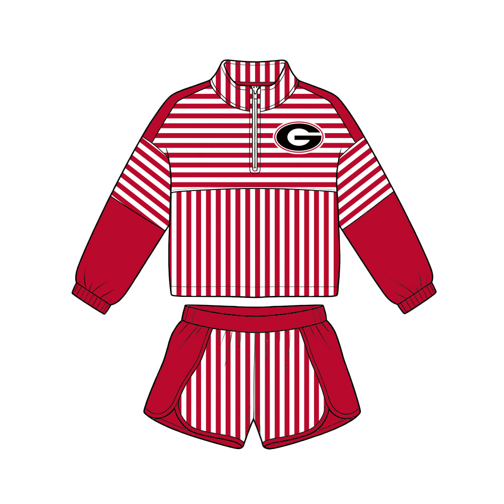 (Custom Design Preorder MOQ 5 Each)Teams Logo Stripes Print Long Sleeve Zipper Top Shorts Girls Clothes Set Sisters Wear