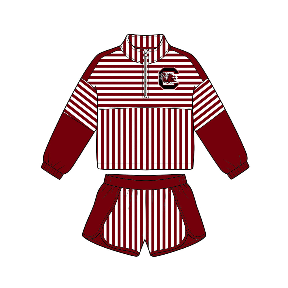 (Custom Design Preorder MOQ 5 Each)Teams Logo Stripes Print Long Sleeve Zipper Top Shorts Girls Clothes Set Sisters Wear