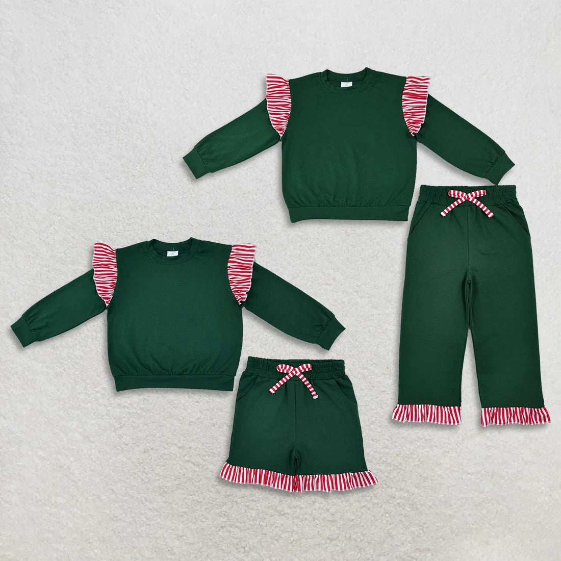 Sibling Kids Girls Green Long Sleeve Top with Pants and Shorts Outfit