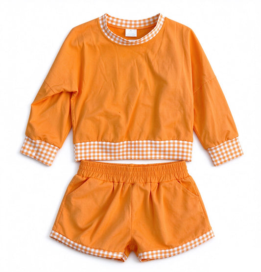 Preorder 5 MOQ each Kids Girls Long Sleeve Gingham Trim Top Shorts Outfit