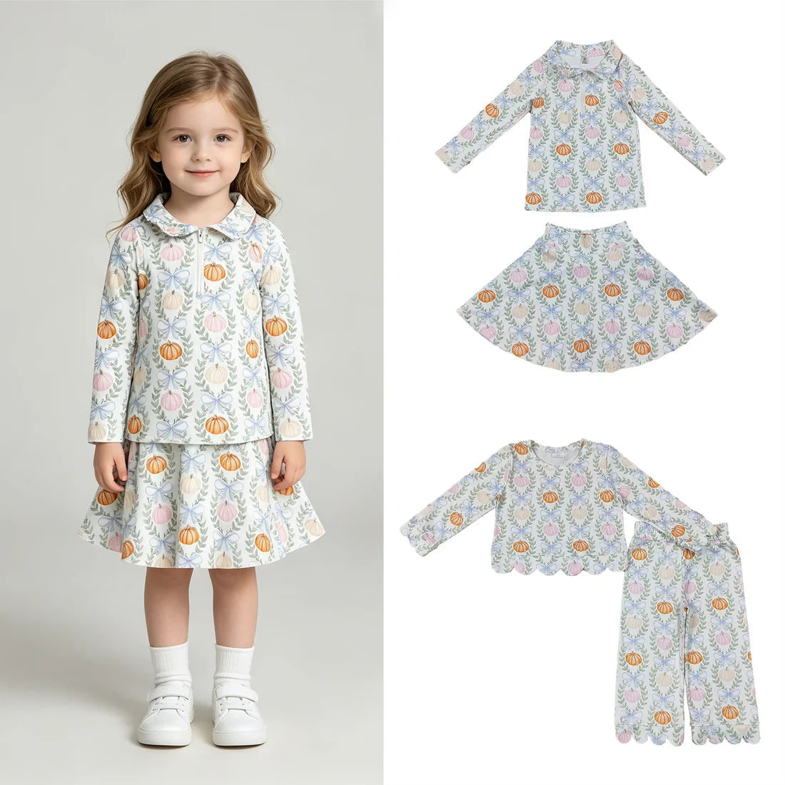 Sibling Baby Girls Flowers Pumpkins Zip Pullovers Skirt Short Yoga Active Set Scallop Pant Sets