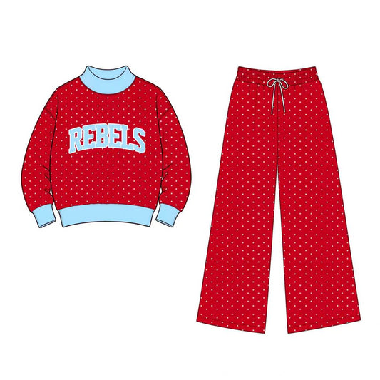 (Custom Design Preorder MOQ 5) Teams Rebels Polka Dot Long Sleeve Top Pants Outfit