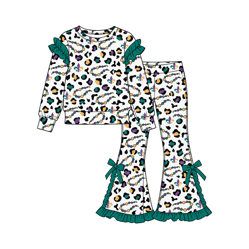(Custom Design Preorder MOQ 5 Each) Anchor Leopard Print Girls Mardi Gras Clothes Set Sisters Wear