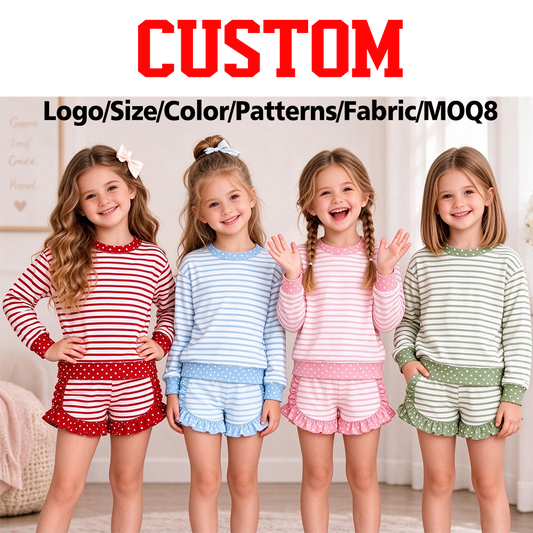 (Custom Design Preorder MOQ 5 Each) Stripes Long Sleeve Top Ruffle Shorts Girls Clothes Set Sisters Wear