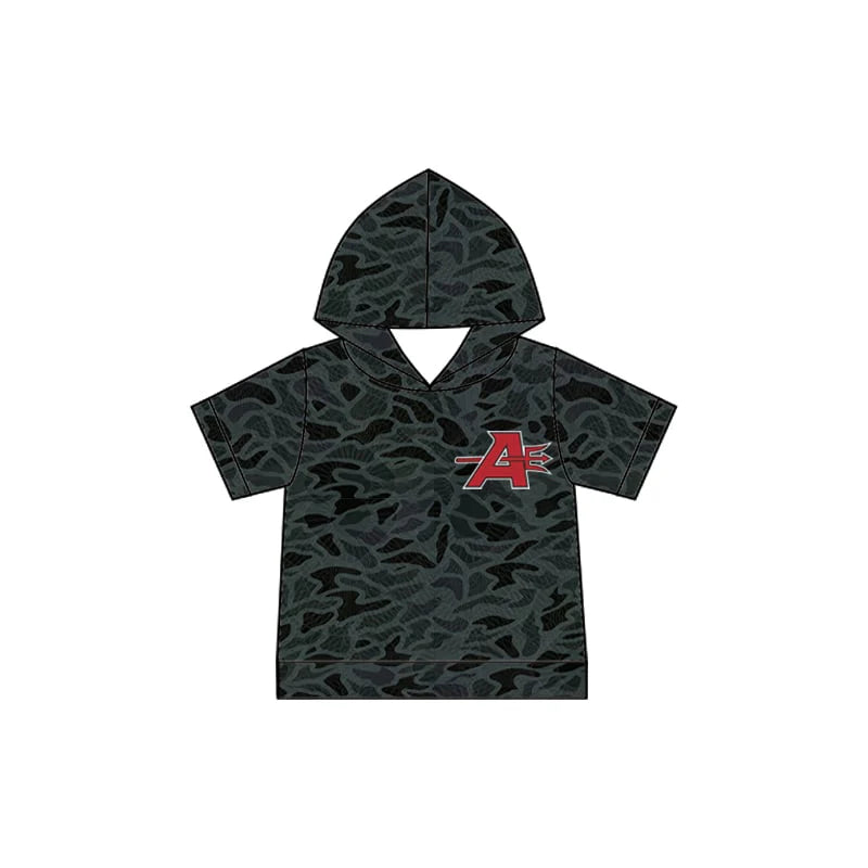 (Custom Design Preorder MOQ 5) Baby Boys Black Camo Red A Team Short Sleeve Hoodies Top