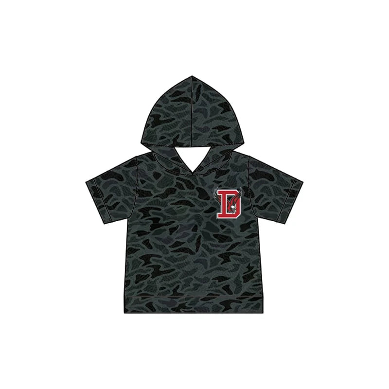 (Custom Design Preorder MOQ 5) Baby Boys Black Camo D Team Short Sleeve Hoodies Top