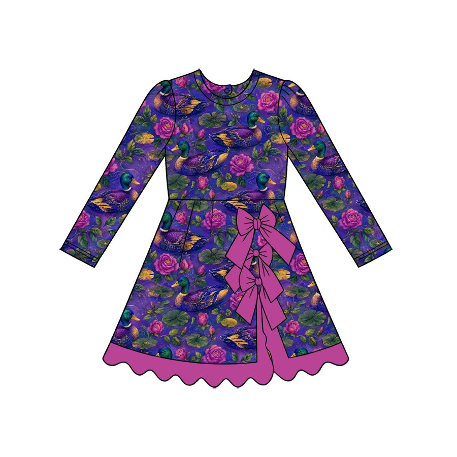 (Custom Design Preorder MOQ 5)  Mallard Duck Flowers Print Girls Fall Bows Regular Ruffle Dress