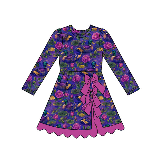 (Custom Design Preorder MOQ 5)  Mallard Duck Flowers Print Girls Fall Bows Regular Ruffle Dress