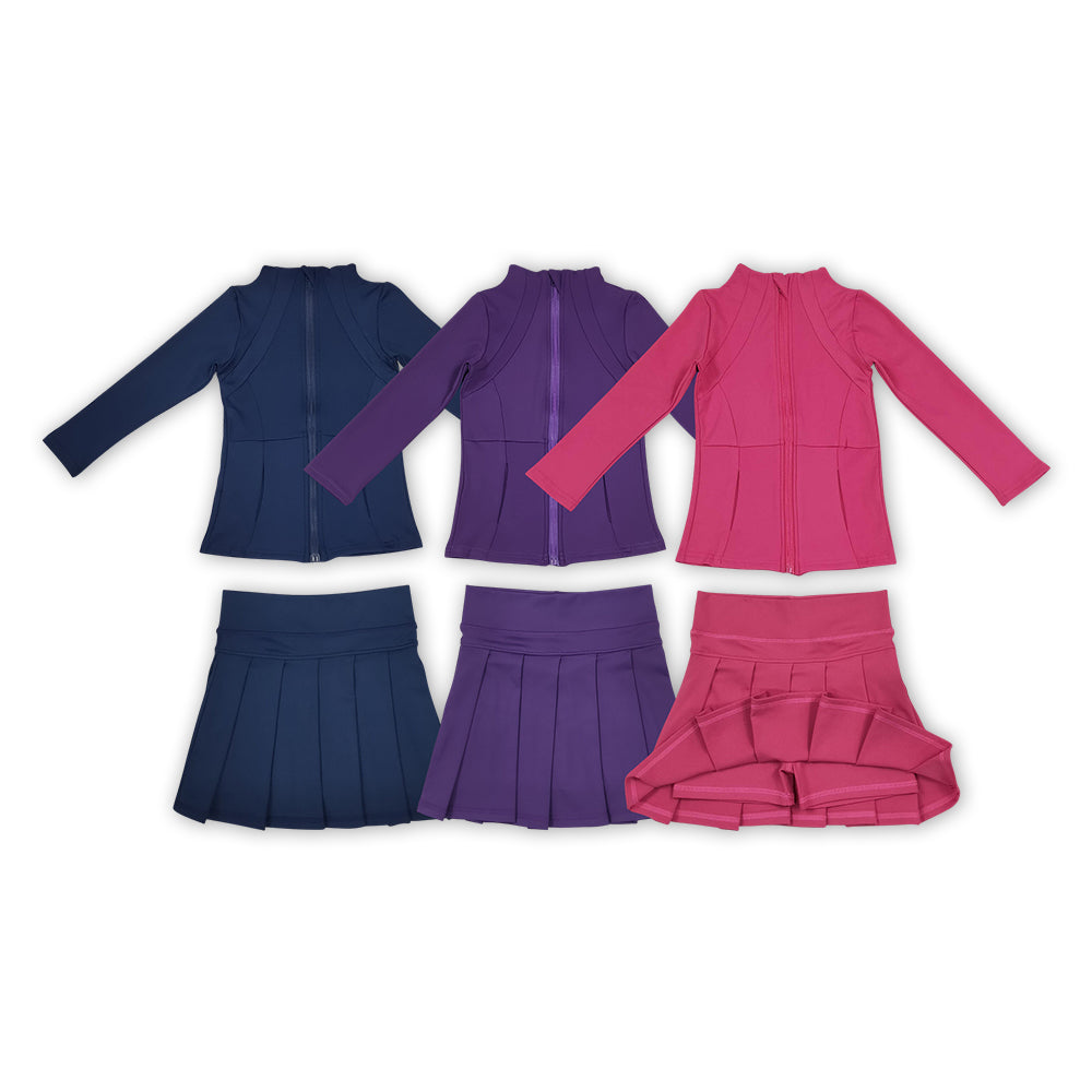 Sibling Kids Girls Solid Color Zipper Jacket with Skort Active Yoga Outfit