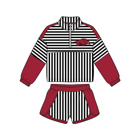 (Custom Design Preorder MOQ 5) Baby Girls Black Stripe Arkansas Zip Pullovers Short Team Clothes Set