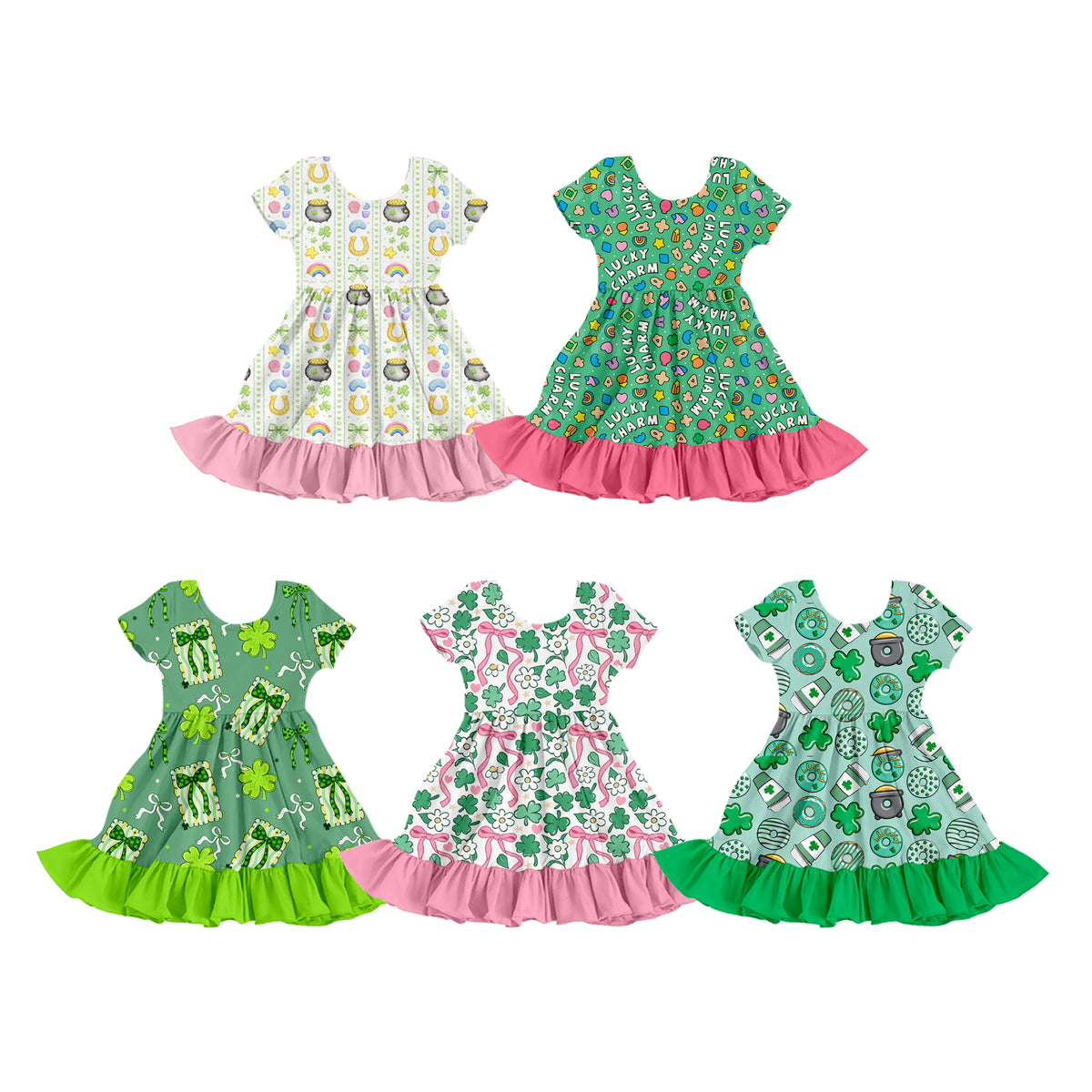 (Custom Design Preorder MOQ 5) 4 Leaf Clover Bows Print Girls Knee Length Ruffle Dress Sisters Wear