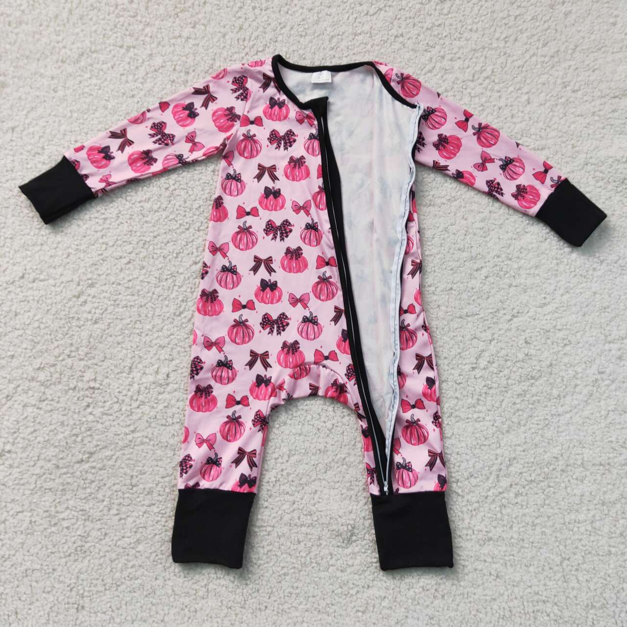 Pumpkin Bows Pink Baby Girls Fall Zipper Sleeper Romper