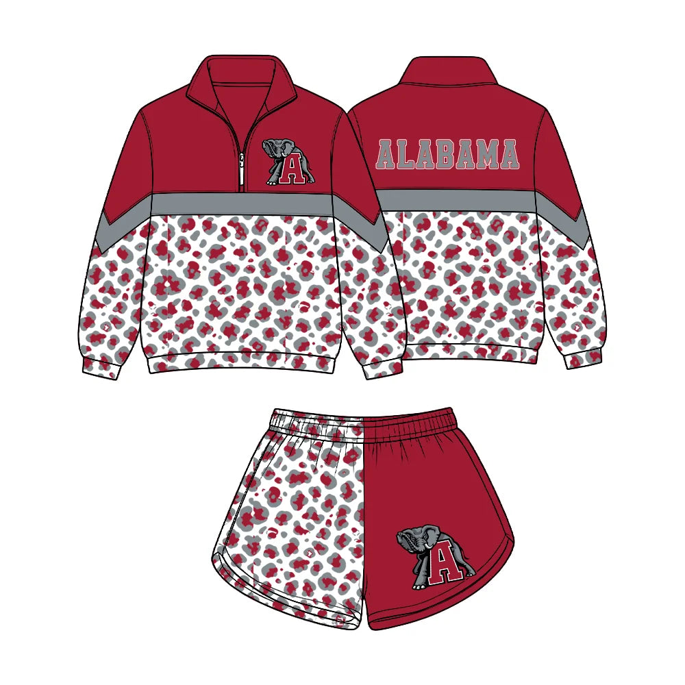 (Custom Design Preorder MOQ 5) Baby Girls Grey Red Leopard Alabama Zip Pullovers Short Team Clothes Set