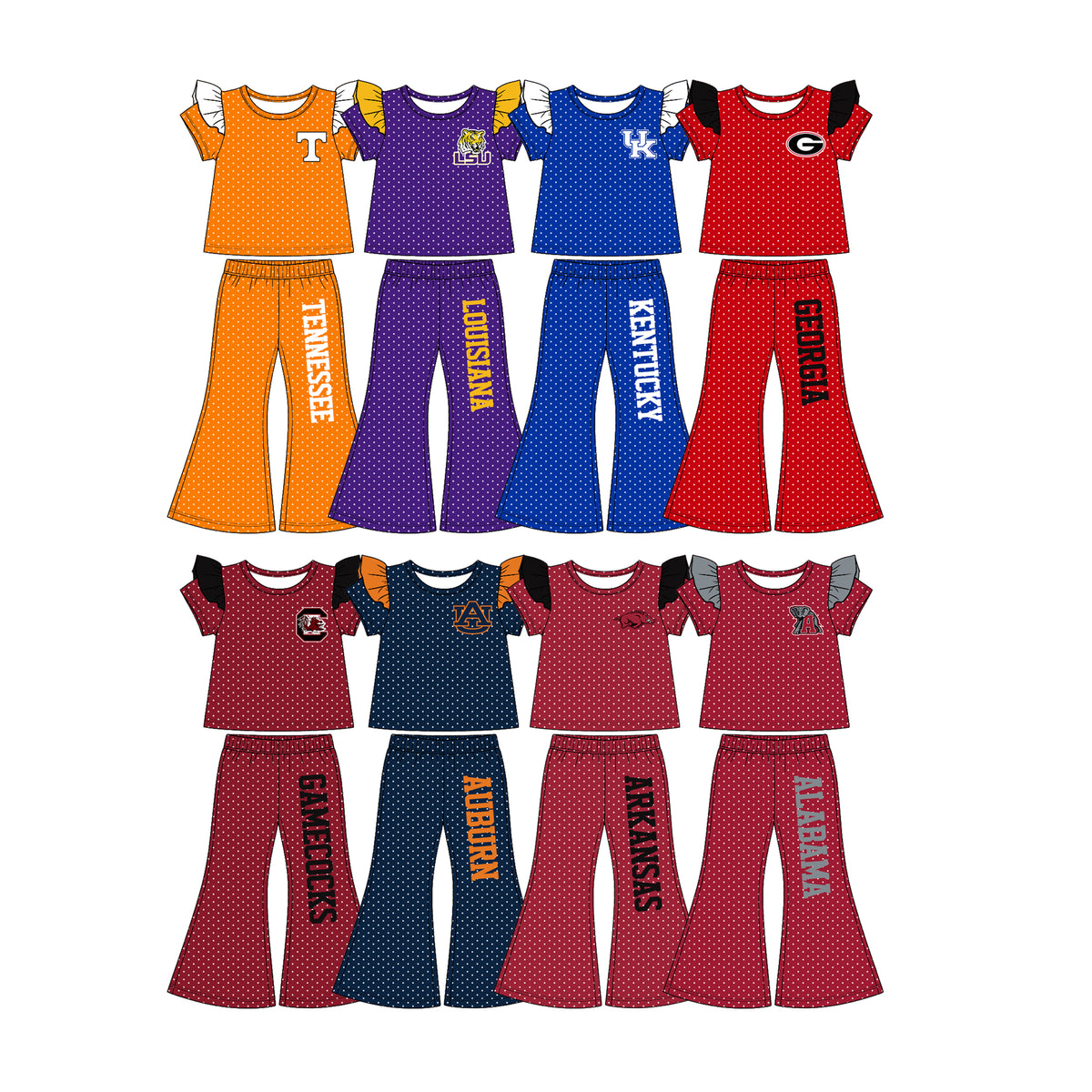 (Custom Design Preorder MOQ 5 Each)Teams Logo Dots Print Short Sleeve Top Bell Pants Girls Clothes Set Sisters Wear