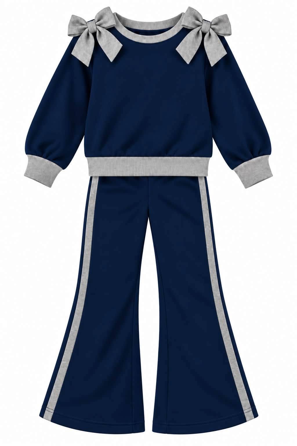 (Custom Design Preorder MOQ 5) Teams Navy Cotton Blank Grey Bows Top Pockets Pants Girls Clothes Set