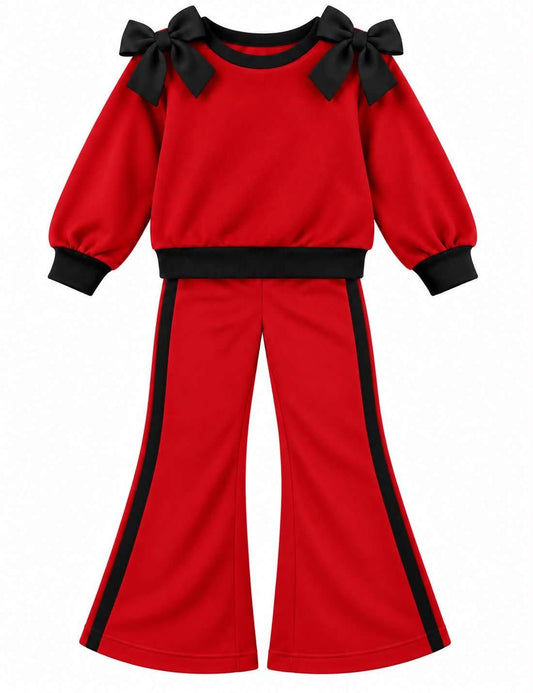 (Custom Design Preorder MOQ 5) Teams Red Cotton Blank Black Bows Top Pockets Pants Girls Clothes Set