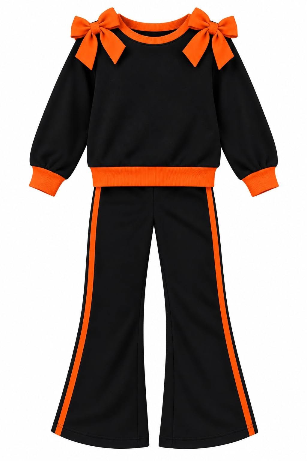 (Custom Design Preorder MOQ 5) Teams Black Cotton Blank Orange Bows Top Pockets Pants Girls Clothes Set
