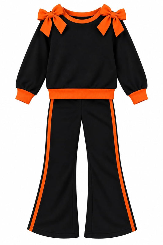 (Custom Design Preorder MOQ 5) Teams Black Cotton Blank Orange Bows Top Pockets Pants Girls Clothes Set