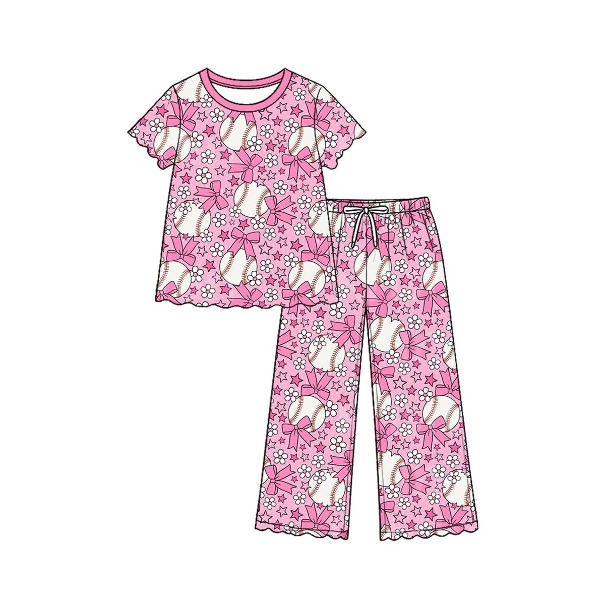 (Custom Design Preorder MOQ 5 Each) Pink Bows Cheer Print Girls Short Sleeve Top Pants Clothes Set Sisters Wear