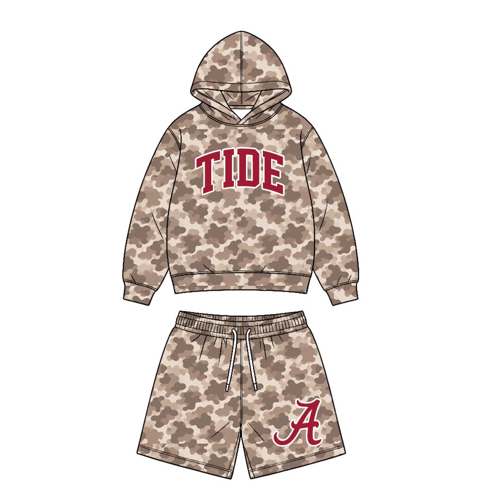 (Custom Design Preorder MOQ 5 Each)Teams Alabama TIDE A Camo Print Long Sleeve Hoodie Top Shorts Girls Boys Clothes Set Sibling Wear