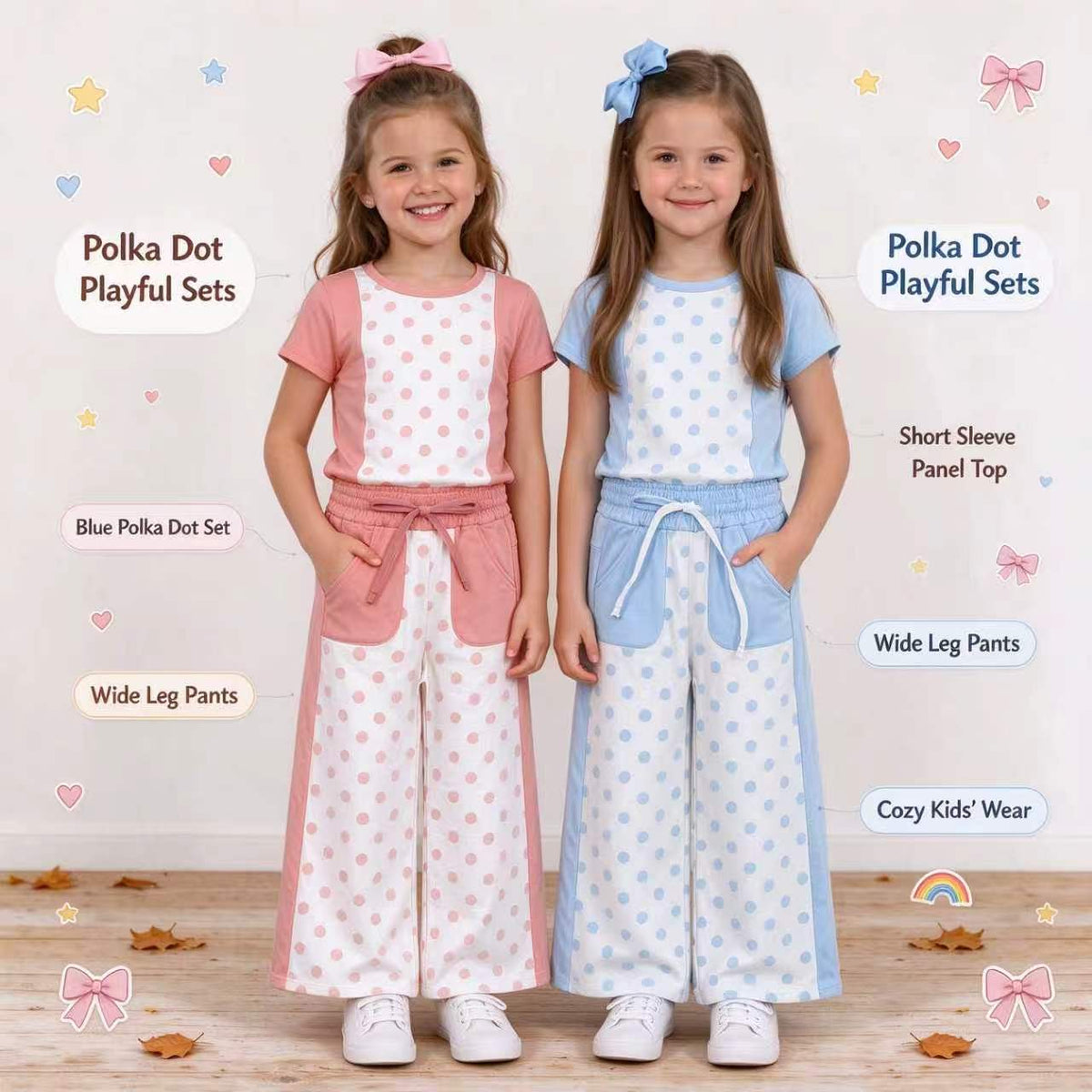 Sibling Toddler Girls Polka Dot Short Sleeve Top Pocket Pants Actice Outfit